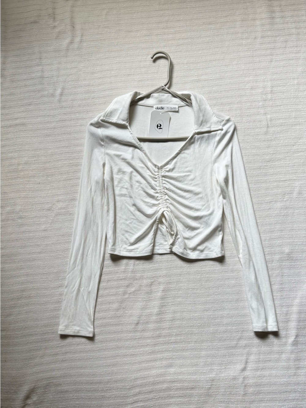 Altar’d State Elodie White Gathered Long-Sleeve Cropped Top
